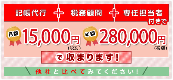 記帳代行+税務顧問+専任担当者付きで、月額10,000円(税別)・年額220,000円(税別)で収まります！他社と比べてみてください！