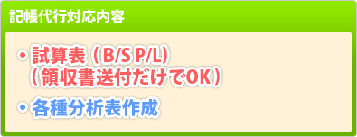 記帳代行内容：試算表（B/S P/L）（領収書送付だけでOK）・各種分析表作成