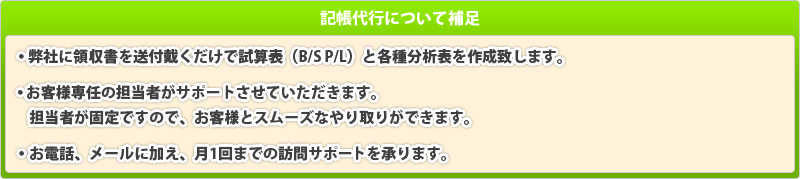 記帳代行についての補足：弊社に領収書を送付戴くだけで試算表（B/L S/P）と対前年比較損益計算書を作成致します。お客様専任の担当者がサポートさせていただきます。　担当者が固定ですので、お客様とスムーズなやり取りができます。お電話、メールに加え、月1回の訪問サポートを承ります。