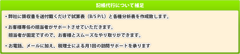 記帳代行についての補足：弊社に領収書を送付戴くだけで試算表（B/L S/P）と対前年比較損益計算書を作成致します。お客様専任の担当者がサポートさせていただきます。　担当者が固定ですので、お客様とスムーズなやり取りができます。お電話、メールに加え、税理士による月1回の訪問サポートを承ります。