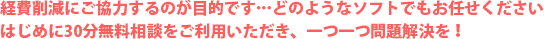 経費削減にご協力するのが目的です。どのようなソフトでもお任せください。はじめに30分無料相談をご利用いただき、一つ一つ解決を！