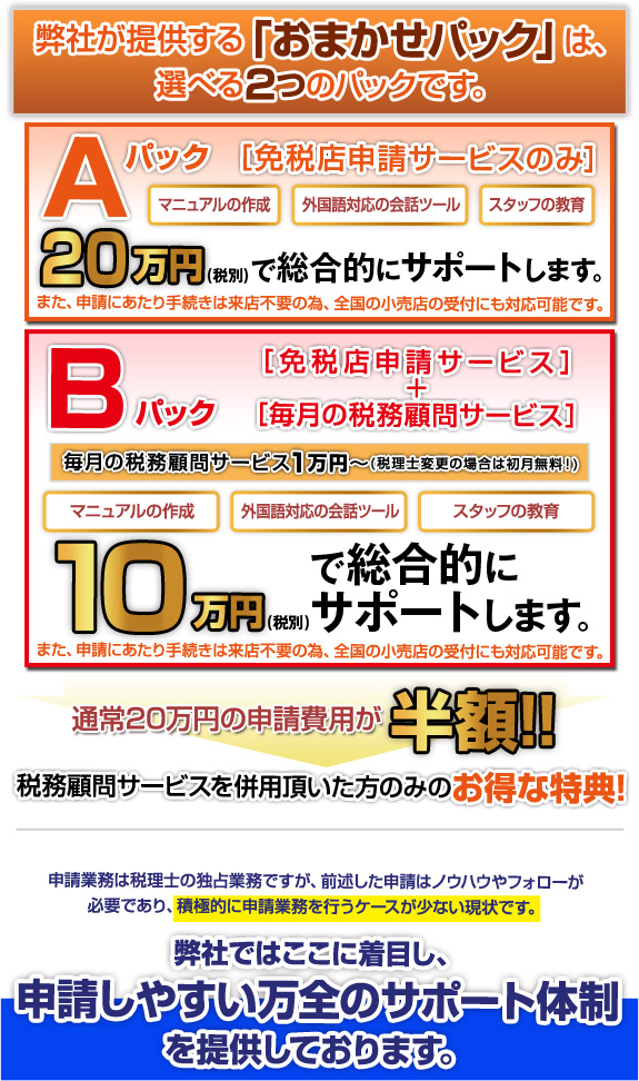 弊社が提供する「おまかせパック」は、選べる2つのパックです。Aパック：免税店申請サービスのみ(マニュアルの作成・外国語対応の会話ツール・スタッフの教育)20万円(税別)で総合的にサポートします。また、申請にあたり手続きは来店不要の為、全国の小売店の受付にも対応可能です。　Bパック：免税店申請サービス+毎月の税務顧問サービス(毎月の税務顧問サービス1万円〜。税理士変更の場合は初月無料！ +マニュアルの作成,外国語対応の会話ツール,スタッフの教育)10万円(税別)で総合的にサポートします。また、申請にあたり手続きは来店不要の為、全国の小売店の受付にも対応可能です。　通常20万円の申請費用が半額！！ 税務顧問サービスを併用頂いた方のみのお得な特典！ 申請業務は税理士の独占業務ですが、前述した申請はノウハウやフォローが必要であり、積極的に申請業務を行うケースが少ない現状です。 弊社ではここに着目し、申請しやすい万全のサポート体制を提供しております。