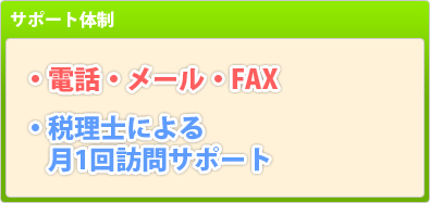 サポート体制：電話・メール・FAX・税理士による月1回訪問サポート